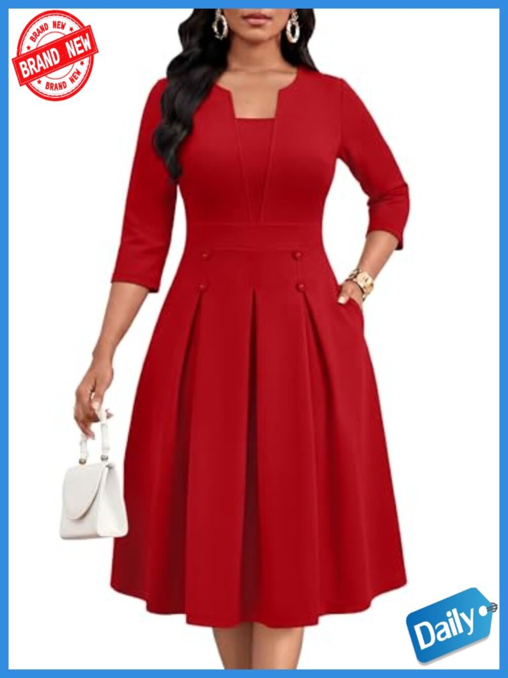 Women's Church Midi Dress 3/4 Sleeve A-Line Fit Flare Work Dress Pockets